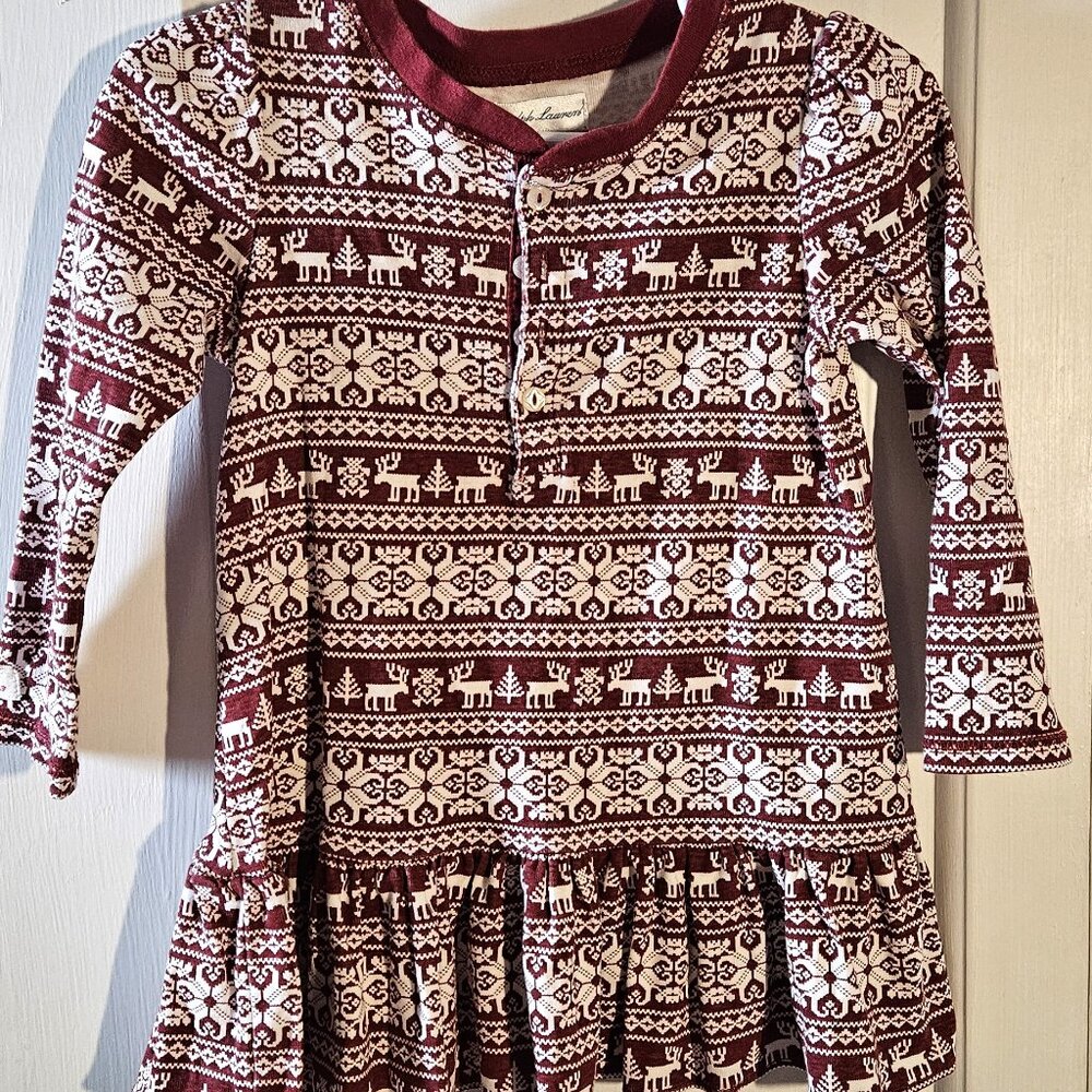 Ralph Lauren long sleeve reindeer dress with diaper cover, 100% cotton, size 18m
